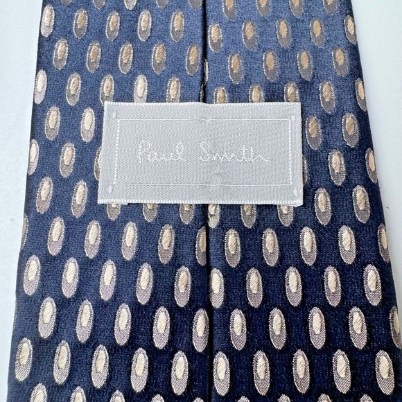 Paul Smith Tie Silk Made in England Navy Blue Metallic Champagne Oval Geometric - Picture 5 of 11